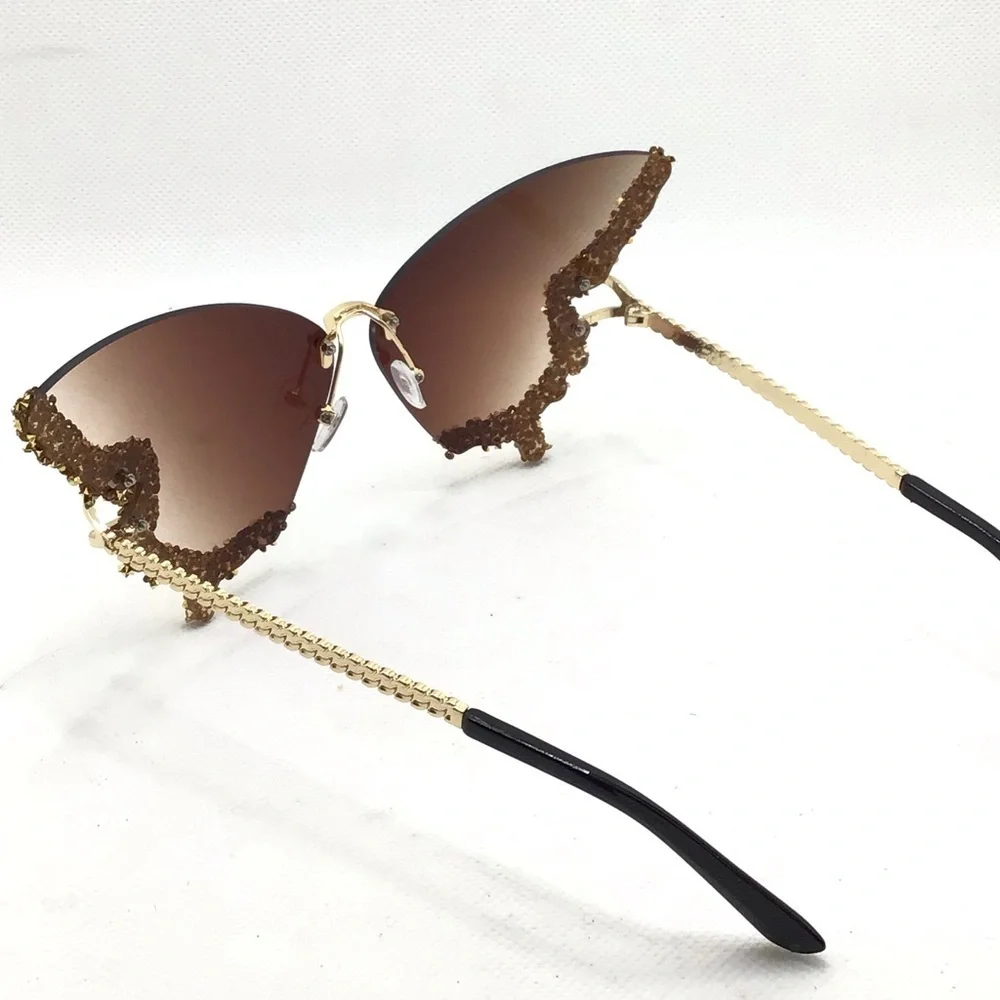 Women's Fashion Large Rimless Rhinestone Butterfly Sunglasses- Gradient Tea